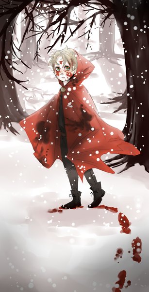 Anime picture 1965x3837 with grimm's fairy tales meexart single tall image looking at viewer highres short hair blonde hair green eyes snowing winter snow walking blood on face bloody clothes footprints boy plant (plants) tree (trees) hood