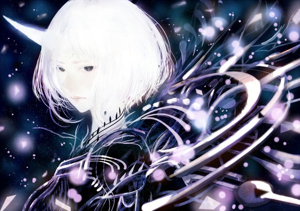 Anime picture 1190x840 with original bounin single looking at viewer short hair white hair horn (horns) lips black eyes glow girl