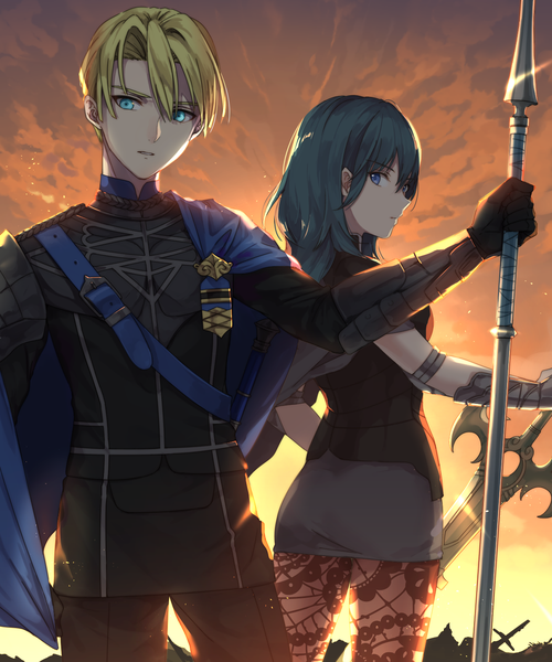 Anime picture 1250x1500 with fire emblem fire emblem: three houses nintendo byleth (fire emblem) dimitri alexandre blaiddyd takeko spla long hair tall image looking at viewer short hair blue eyes blonde hair standing sky profile aqua hair evening sunset girl boy