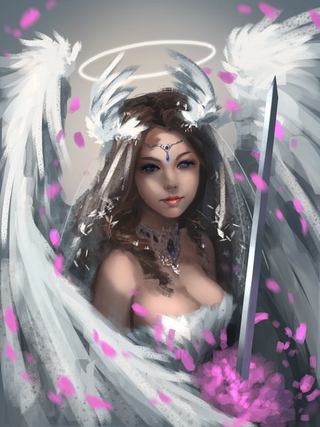 Anime picture 1500x2000 with original yuwei li single long hair tall image looking at viewer breasts brown hair bare shoulders cleavage upper body lips sleeveless lipstick angel wings head wings white wings makeup girl hair ornament