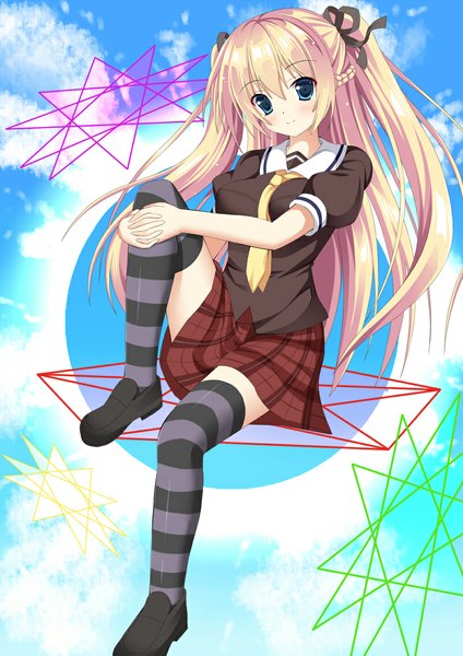 Anime picture 800x1131 with original ro-ichi single long hair tall image looking at viewer blush blue eyes blonde hair smile sky cloud (clouds) girl thighhighs skirt ribbon (ribbons) hair ribbon necktie striped thighhighs