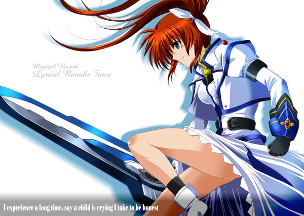 Anime picture 1200x857 with mahou shoujo lyrical nanoha takamachi nanoha kagura yuuto long hair blue eyes orange hair girl sword