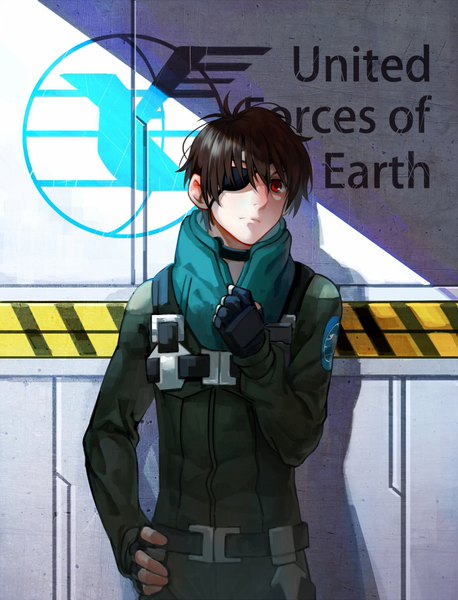 Anime picture 680x891 with aldnoah.zero a-1 pictures kaizuka inaho arblest00 single tall image looking at viewer fringe short hair hair between eyes red eyes brown hair standing ahoge shadow hand on hip text english against wall boy