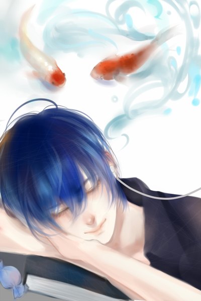 Anime picture 1000x1500 with vocaloid kaito (vocaloid) gackpokaito single tall image fringe short hair blue hair eyes closed reclining sleeping boy food sweets headphones book (books) fish (fishes) candy