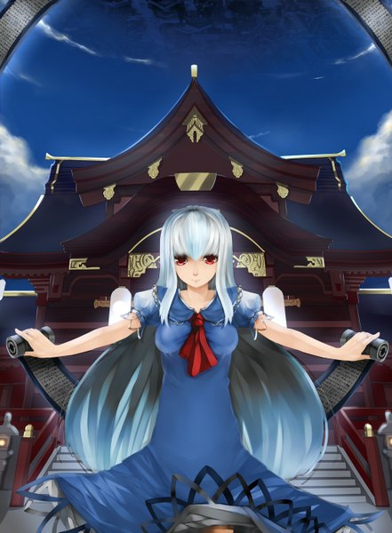 Anime picture 1024x1391 with touhou kamishirasawa keine omega (endsunrise) single long hair tall image red eyes white hair night night sky girl dress building (buildings) scroll