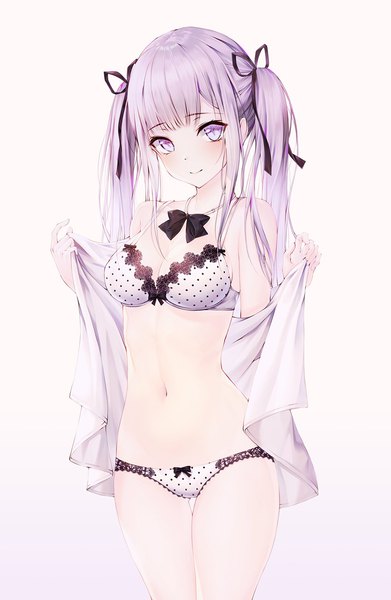 Anime picture 1000x1536 with original mellozzo single long hair tall image looking at viewer blush fringe breasts light erotic simple background smile large breasts standing purple eyes twintails payot cleavage purple hair blunt bangs