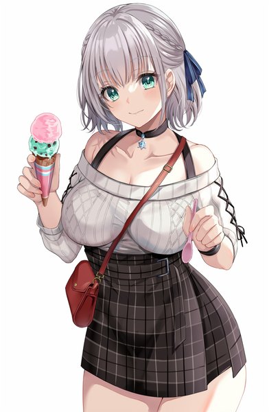 Anime picture 700x1071 with virtual youtuber hololive shirogane noel shirogane noel (3rd costume) harimoji single tall image short hair breasts light erotic simple background large breasts white background green eyes silver hair off shoulder official alternate costume plaid skirt girl skirt