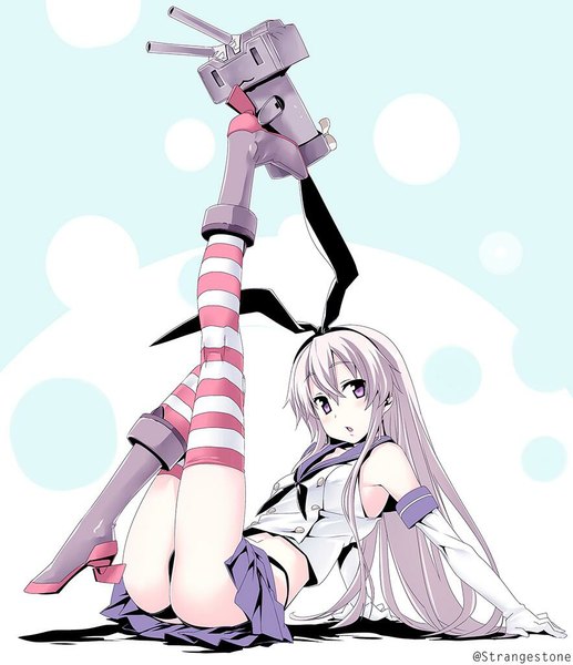 Anime picture 883x1024 with kantai collection shimakaze destroyer rensouhou-chan himura kiseki single long hair tall image looking at viewer fringe open mouth light erotic simple background sitting purple eyes bare shoulders white hair pleated skirt leg lift (legs lift) girl thighhighs