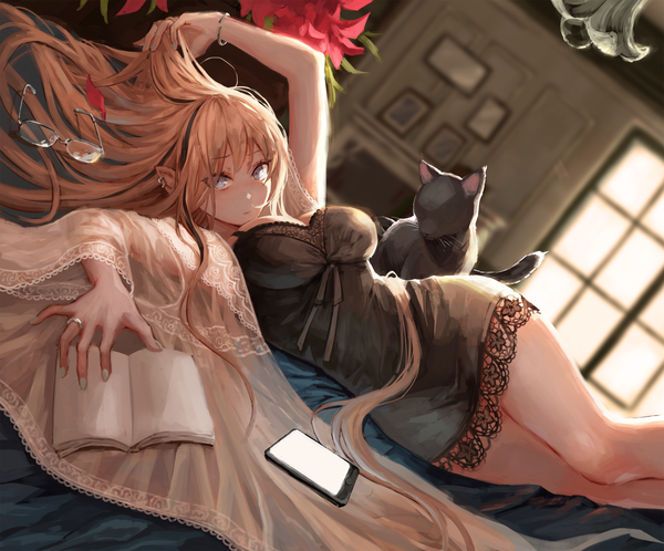 Anime picture 2461x2046 with original okuma mai single long hair looking at viewer blush fringe highres breasts light erotic blonde hair hair between eyes cleavage indoors lying nail polish multicolored hair pointy ears blurry two-tone hair