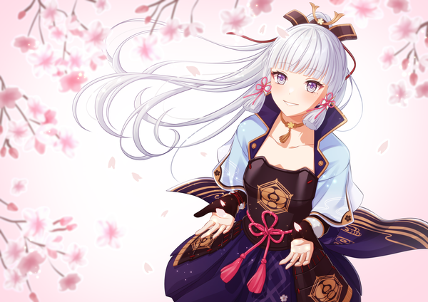 Anime picture 4093x2894 with genshin impact kamisato ayaka pochimaru (marumaru wanwan) single long hair fringe highres smile purple eyes absurdres silver hair ponytail blunt bangs from above wind grin cherry blossoms girl flower (flowers) petals