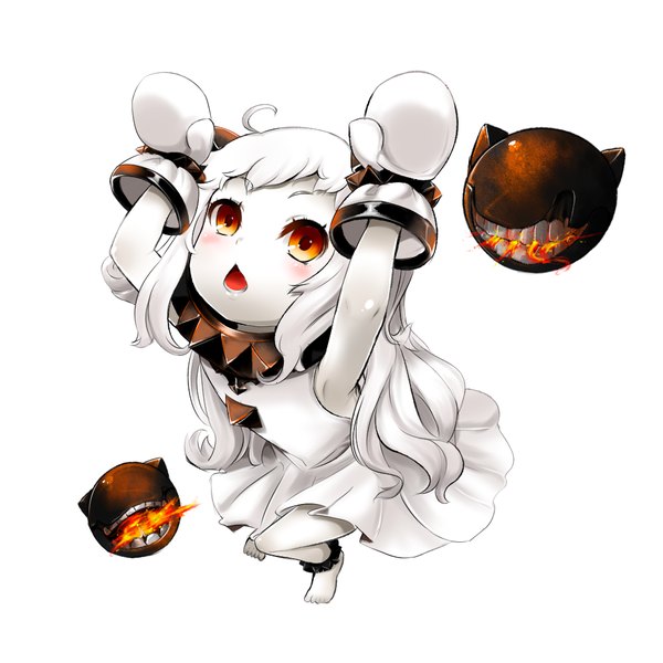 Anime picture 1000x1000 with kantai collection northern ocean hime blat (artist) single long hair blush open mouth simple background white background ahoge white hair barefoot from above arms up orange eyes loli shinkaisei-kan girl dress