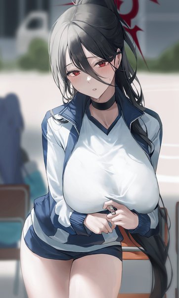 Anime picture 2000x3313 with blue archive hasumi (blue archive) hasumi (gym uniform) (blue archive) 2sham long hair tall image looking at viewer blush fringe highres breasts light erotic black hair hair between eyes red eyes standing outdoors ponytail long sleeves parted lips
