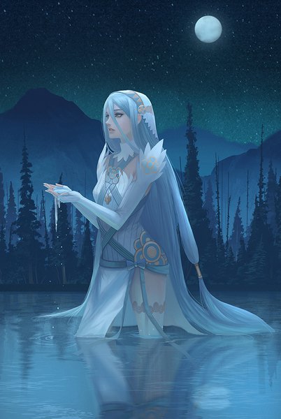 Anime picture 671x1000 with fire emblem fire emblem fates azura (fire emblem) yagaminoue single long hair tall image standing holding yellow eyes blue hair looking away night night sky partially submerged reflection mountain lake girl thighhighs