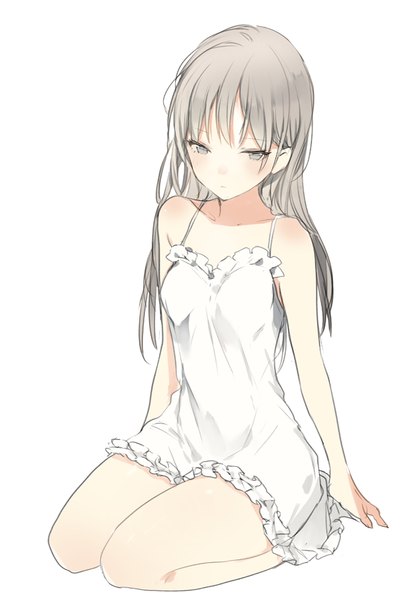 Anime picture 600x896 with lpip single long hair tall image breasts simple background white background sitting bare shoulders looking away head tilt grey hair arm support grey eyes sleeveless looking down girl frills nightie