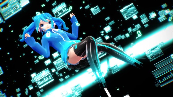 Anime picture 1280x720 with kagerou project shaft (studio) ene (kagerou project) segawa2580 single long hair looking at viewer fringe blue eyes light erotic smile wide image twintails blue hair pleated skirt mikumikudance girl skirt underwear panties