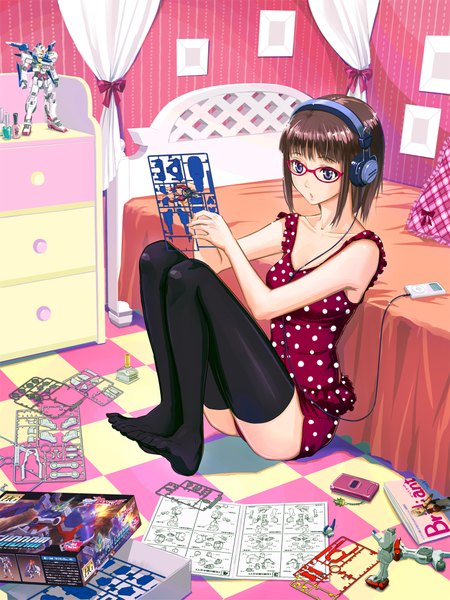 Anime picture 1500x2001 with original ipod shiitake urimo single tall image short hair black hair purple eyes full body no shoes legs girl thighhighs black thighhighs glasses headphones bed phone robot