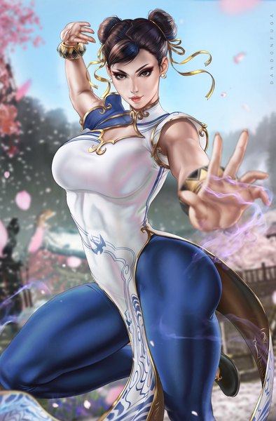 Anime picture 3000x4567 with street fighter street fighter 6 capcom chun-li dandon fuga single tall image looking at viewer fringe highres short hair breasts light erotic brown hair large breasts standing brown eyes sky cloud (clouds) outdoors