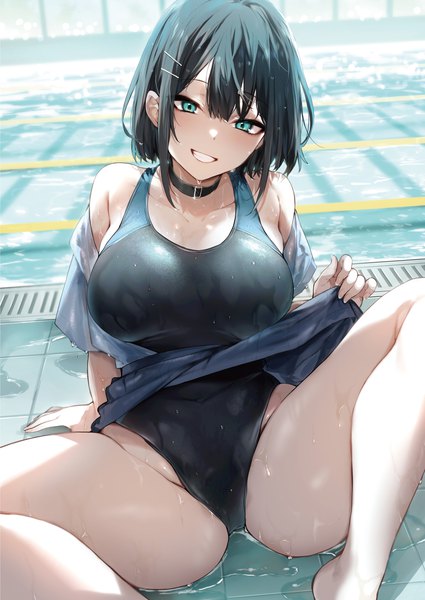 Anime picture 2150x3036 with original melonbooks danimaru single tall image looking at viewer blush fringe highres short hair breasts light erotic black hair smile large breasts sitting bent knee (knees) ass indoors head tilt