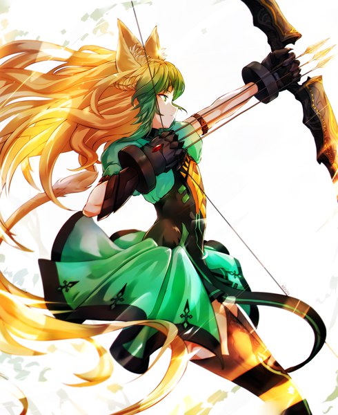 Anime picture 882x1080 with fate (series) fate/grand order fate/apocrypha atalanta (fate) nekoya (liu) single tall image fringe blonde hair simple background standing holding green eyes signed animal ears tail very long hair animal tail profile multicolored hair