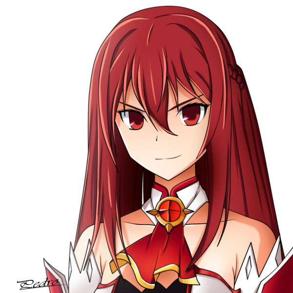 イラスト 1000x1000 と エルソード elesis (elsword) ikirol (pedro zacapala) ソロ 長髪 カメラ目線 前髪 simple background 笑顔 hair between eyes 赤い目 白背景 肩出し signed cleavage 赤髪 三つ編み portrait side braid smirk