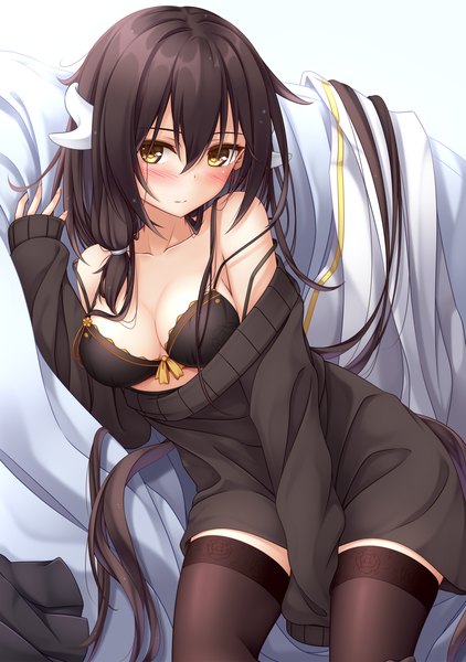 Anime picture 1054x1500 with azur lane mikasa (azur lane) yoye (pastel white) single long hair tall image looking at viewer blush fringe breasts light erotic black hair simple background hair between eyes white background sitting bare shoulders yellow eyes cleavage horn (horns)