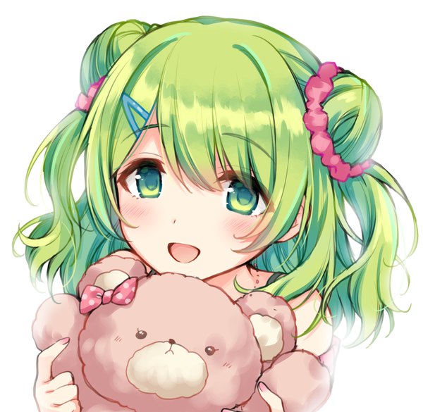 Anime picture 1176x1147 with virtual youtuber nijisanji morinaka kazaki 2980 single long hair blush open mouth simple background white background green eyes green hair from above hair bun (hair buns) two side up girl hairclip toy stuffed animal scrunchie
