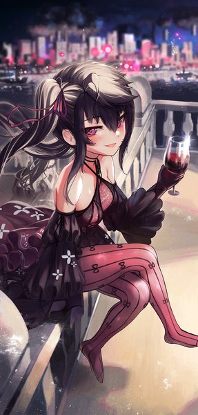 Anime picture 1000x2092 with original priite hari (torriet) torriet single long hair tall image looking at viewer blush fringe breasts black hair smile hair between eyes sitting purple eyes twintails bare shoulders holding payot full body