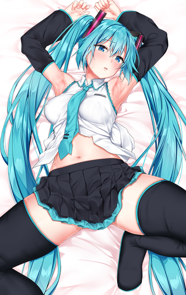 Anime picture 3500x5550 with vocaloid hatsune miku jack dempa single tall image looking at viewer blush fringe highres breasts open mouth blue eyes light erotic hair between eyes twintails payot absurdres ass lying very long hair