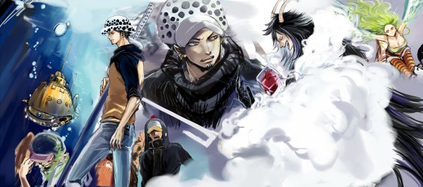 Anime picture 1200x532 with one piece toei animation trafalgar law monet (one piece) caesar clown penguin (one piece) shachi (one piece) puchibuta long hair short hair open mouth black hair smile wide image looking away cleavage profile horn (horns) green hair spread arms