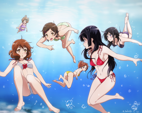 Anime picture 1250x1000 with hibike! euphonium kyoto animation kousaka reina oumae kumiko tanaka asuka nakagawa natsuki katou hazuki kawashima sapphire sbel02 long hair blush short hair breasts open mouth light erotic black hair brown hair multiple girls brown eyes signed