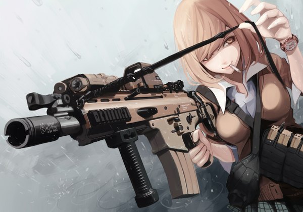 Anime-Bild 1500x1051 mit original koh (minagi kou) single looking at viewer blush short hair breasts blonde hair smile large breasts yellow eyes lips rain smoking girl skirt uniform weapon school uniform shirt