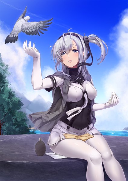 Anime picture 626x886 with kantai collection suzutsuki (kancolle) darkmaya single long hair tall image fringe open mouth hair between eyes sitting looking away sky silver hair cloud (clouds) ahoge parted lips pleated skirt arm up short sleeves one side up