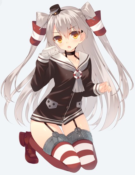 Anime picture 1240x1598 with kantai collection amatsukaze destroyer miko (royal milk) single long hair tall image looking at viewer blush open mouth yellow eyes silver hair loli two side up girl thighhighs hair ornament hat striped thighhighs hair tubes single glove