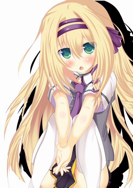 Anime picture 2000x2829 with seirei tsukai no blade dance rinslet laurenfrost lieselotte (artist) single long hair tall image looking at viewer blush fringe highres open mouth blonde hair hair between eyes white background green eyes bent knee (knees) :o girl thighhighs ribbon (ribbons)