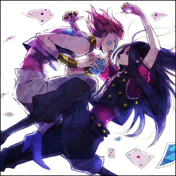 Anime-Bild 850x850 mit hunter x hunter hisoka (hunter x hunter) illumi zoldyck rusuko long hair short hair black hair simple background red eyes white background holding pink hair full body bent knee (knees) profile light smile black eyes arms up multiple boys high heels