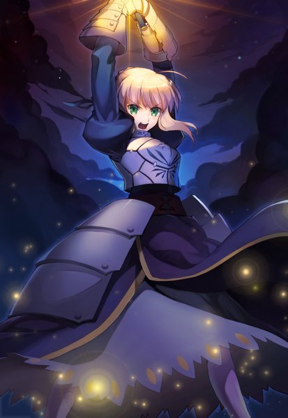 Anime picture 1377x2000 with fate (series) fate/stay night artoria pendragon (all) saber vmax-ver (a3eilm2s2y) single long hair tall image open mouth blonde hair green eyes cloud (clouds) ahoge night arms up night sky magic fighting stance screaming glowing weapon