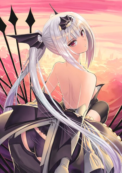 Anime picture 1285x1820 with shining (series) shining resonance excela noa aura tony taka single long hair tall image light erotic red eyes bare shoulders white hair ponytail looking back scan official art black background girl dress hair ornament underwear