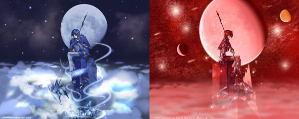 Anime picture 2560x1024 with highres wide image cloud (clouds) blue background red background fog dualscreen moon scythe