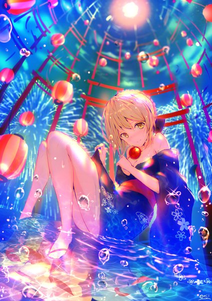 Anime picture 1240x1754 with fate (series) fate/grand order fate/stay night artoria pendragon (all) saber saber alter enj! single tall image looking at viewer blush fringe short hair light erotic blonde hair hair between eyes sitting bare shoulders signed yellow eyes