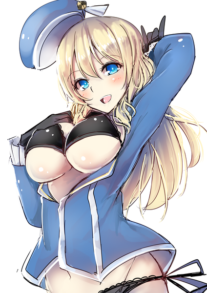 Anime picture 2315x3274 with kantai collection atago heavy cruiser korezyanai single long hair tall image blush highres breasts open mouth blue eyes light erotic blonde hair smile large breasts white background open clothes underboob breasts outside sketch