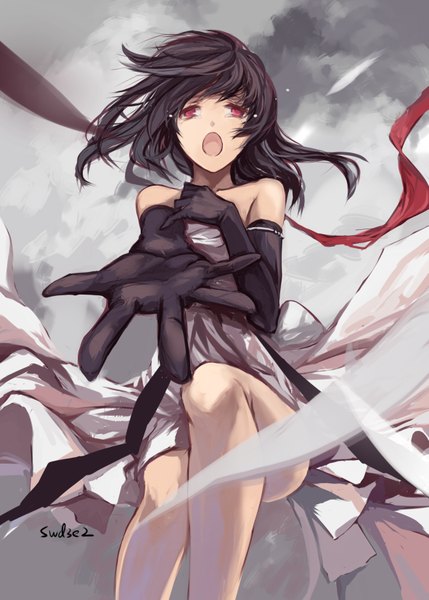 Anime picture 1181x1653 with original swd3e2 single long hair tall image looking at viewer fringe open mouth black hair bare shoulders signed pink eyes bare legs girl dress gloves black gloves elbow gloves white dress