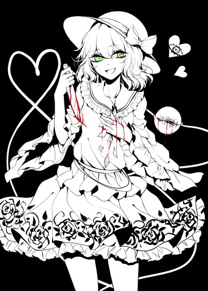 Anime-Bild 2000x2800 mit touhou komeiji koishi sheya single tall image looking at viewer highres short hair open mouth smile holding green eyes long sleeves :d wide sleeves floral print black background symbol-shaped pupils monochrome heart-shaped pupils