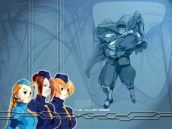 Anime picture 1024x768 with street fighter capcom cammy white juni (street fighter) juli (street fighter) m.bison long hair short hair blue eyes red eyes multiple girls ahoge braid (braids) scar girl boy uniform necktie 3 girls cloak