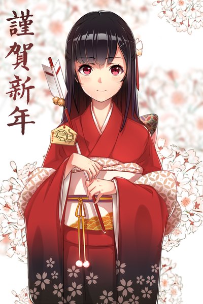 Anime picture 666x1000 with original phantania single long hair tall image looking at viewer blush fringe black hair smile red eyes traditional clothes japanese clothes girl kimono obi bell jingle bell arrow (arrows) ema
