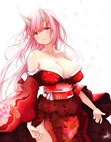 Anime picture 1172x1500 with original suzume (simple0091) single long hair tall image looking at viewer blush fringe breasts light erotic simple background hair between eyes large breasts standing white background signed pink hair traditional clothes parted lips head tilt