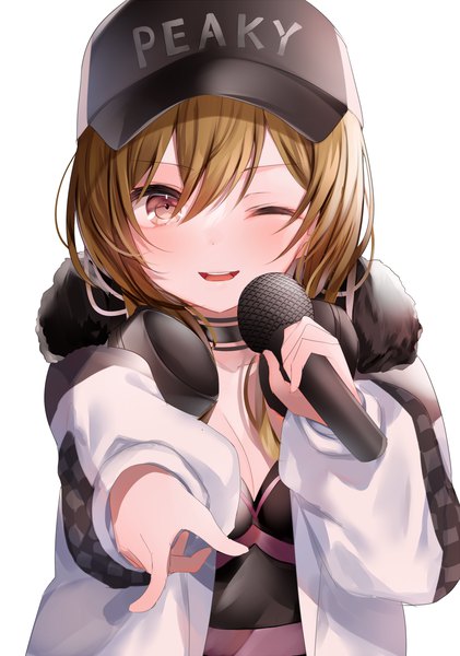 Anime picture 1053x1500 with d4dj yamate kyouko komomo (ptkrx) single long hair tall image looking at viewer fringe open mouth simple background hair between eyes brown hair white background brown eyes upper body one eye closed ;d outstretched hand headphones around neck girl