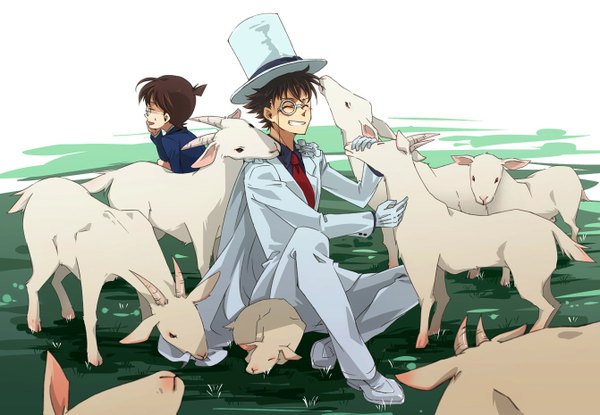 Anime picture 1342x929 with detective conan magic kaito kaito kid edogawa conan feeline isi short hair brown hair sitting horn (horns) laughing boy gloves animal glasses necktie cloak suit child (children) top hat monocle