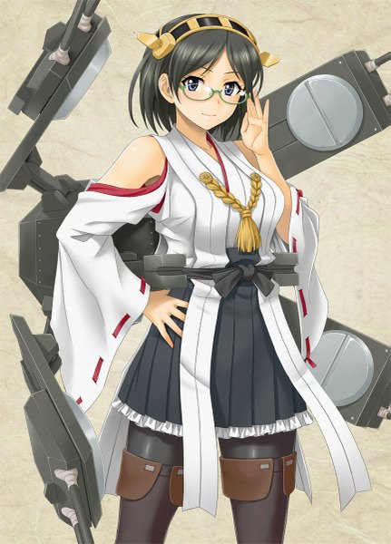 Anime picture 863x1200 with kantai collection kirishima battleship hida tatsuo single tall image looking at viewer short hair blue eyes black hair hand on hip nontraditional miko girl skirt weapon detached sleeves glasses hairband