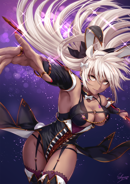 Anime picture 1200x1697 with fate (series) fate/grand order okita souji (fate) (all) okita souji alter (fate) sakiyamama single long hair tall image looking at viewer fringe breasts light erotic simple background hair between eyes large breasts standing bare shoulders holding signed animal ears