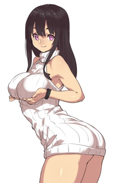 Anime picture 622x1000 with original houtengeki single long hair tall image breasts light erotic black hair simple background smile large breasts white background purple eyes girl sweater dress ribbed dress